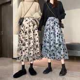 Flowers Pattern Mesh Transparent Long Skirt